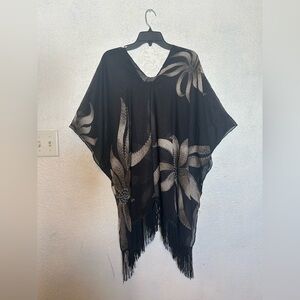 Women’s Sheer Black & Cream Poncho/Cover-Up With Fringe One Size